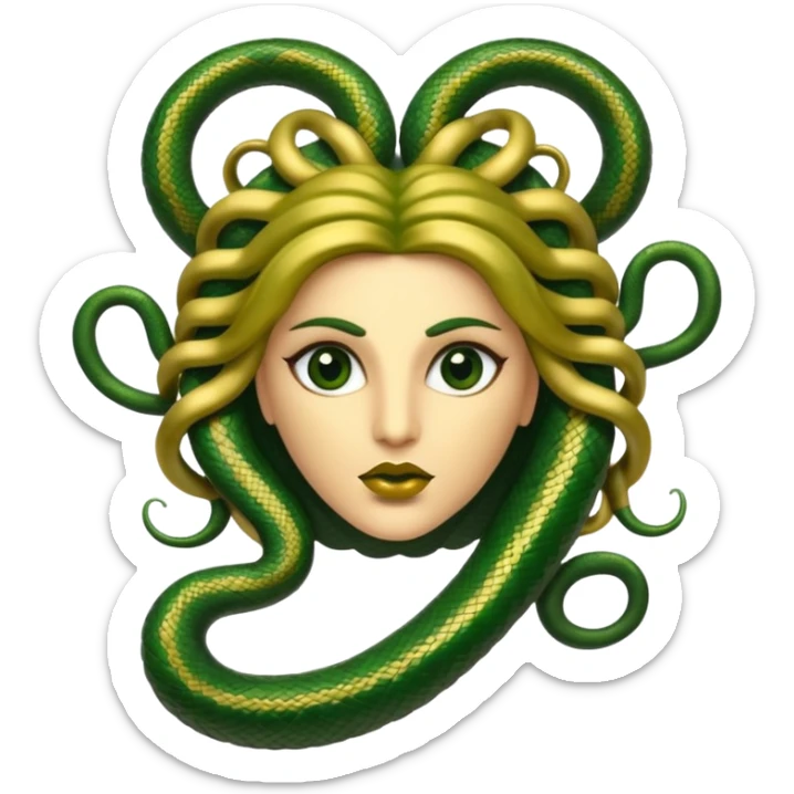 The Sicilian Medusa in gold and green and make the snake hair have snake faces  sticker