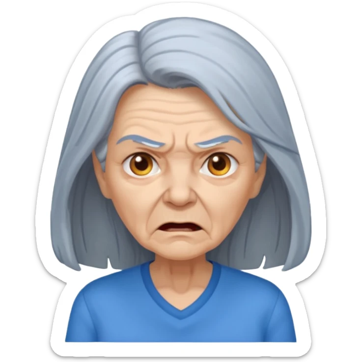 a portrait of angry elderly woman, long hair, wearing shirt sticker