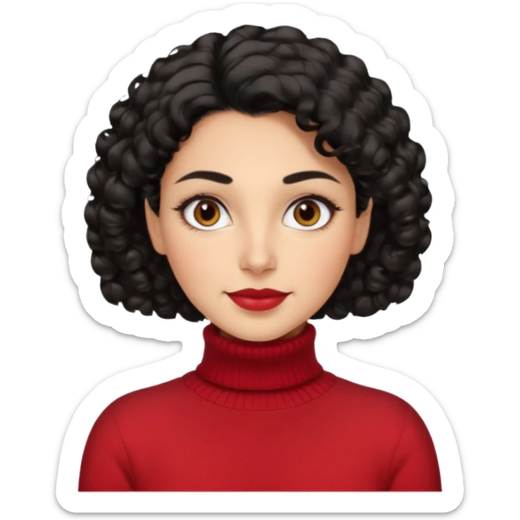 30 yr iranian woman black hair curly wavy short hair, red turtle neck sweater, very thick eyebrows, light skin, dark brown eyes, small smile sticker