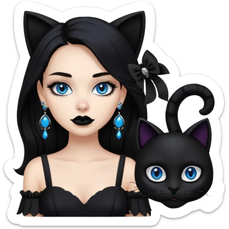 A girl with long black hair and blue eyes, black eyeshadow, black cat eye liner, mascara, and black lipstick,and black skull earrings. Also a black sexy dress   sticker