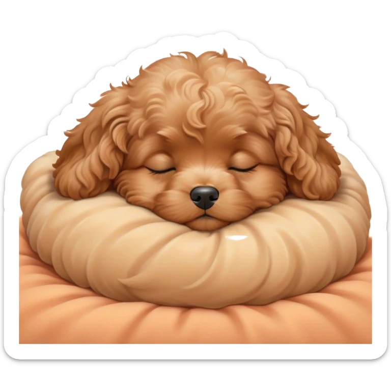 Cinematic cute Sleeping Cavoodle Portrait Emoji, cute and serene, with a round, cuddly build and a soft, curly apricot coat with subtle white patches, eyes gently closed in peaceful slumber, Simplified yet irresistibly endearing features, highly detailed, glowing with a gentle, dreamy glow, high shine, relaxed and content, stylized with a touch of whimsy, bright and heartwarming, soft glowing outline, capturing the essence of a blissfully sleepy companion, so comically serene it feels like it could roll out of the screen and snore with adorable charm! sticker