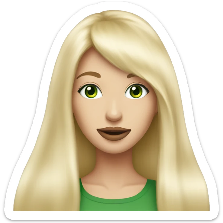 Beautiful woman pink lips with long blonde hair, straight blonde bangs and green eyes, happy expression sticker