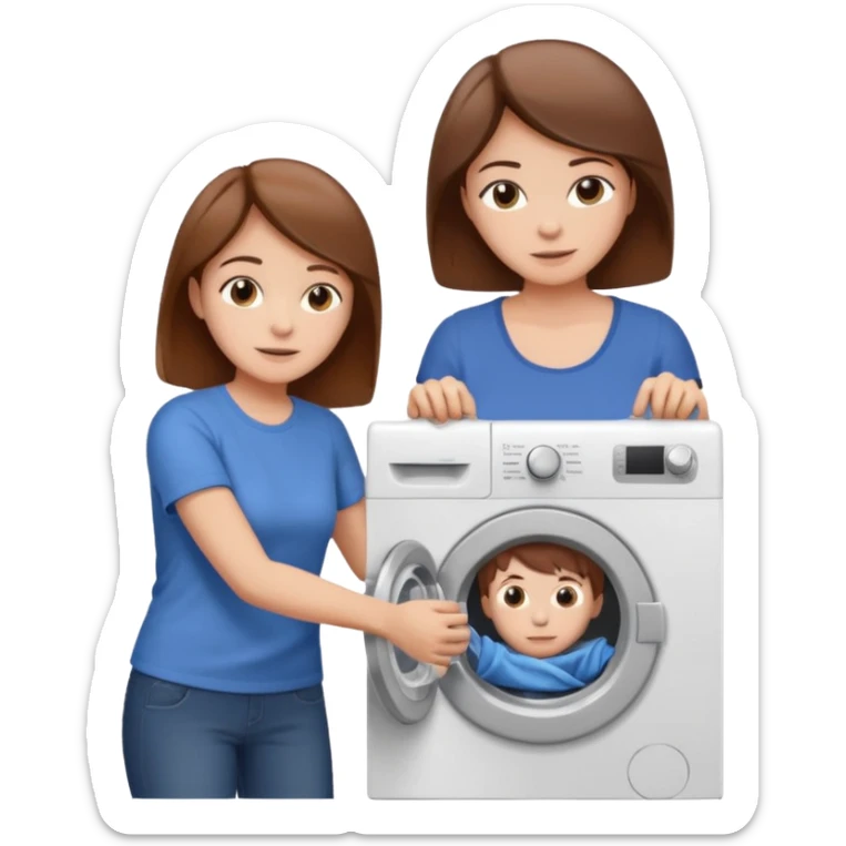 Mother and little son with brown hair putting clothes in the washing machine sticker