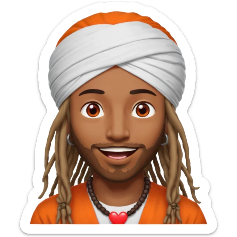 Brownskin man with long dreadlocks orange shirt add white dubai turban add red heart in both of his eyes mouth open  sticker