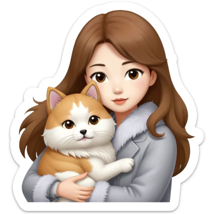 A Chinese fashion girl with brown hair, wearing a light gray fur coat, hugging a Shiba Inu and a long-haired white Persian cat. sticker