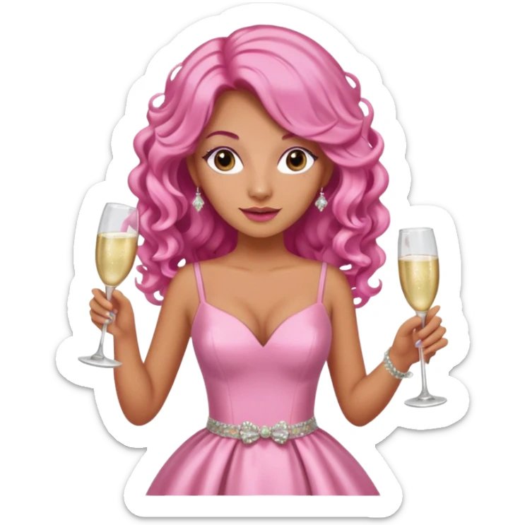 One lady with long pink curled hair and tan skin holding two pink champagne glasses sticker