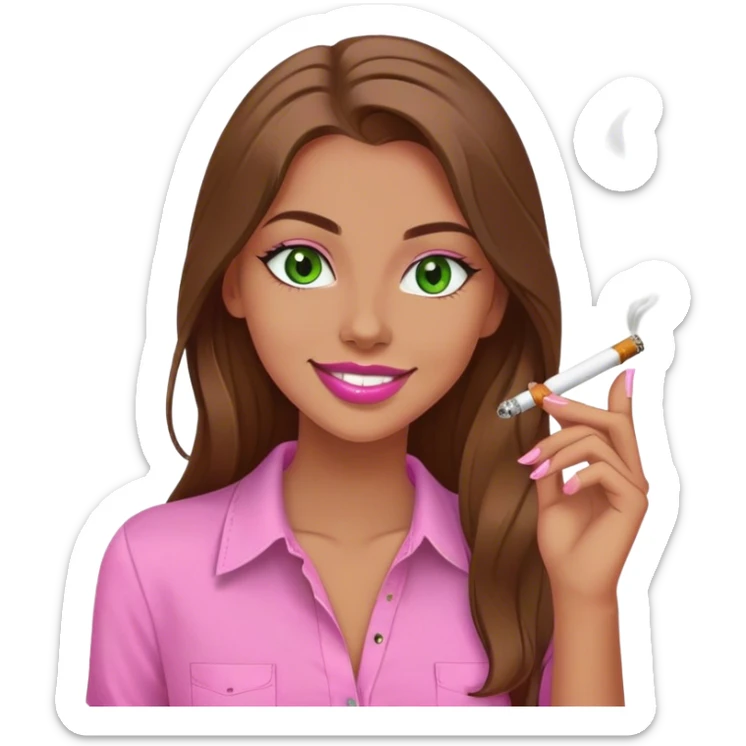 white girl with green eyes and long brown hair smoking a white joint smiling in a pink shirt with pink lips sticker
