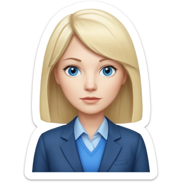 40 yr old white woman, pale skin, long straight blond hair parted in center, blue eyes, bangs, clothes for work sticker
