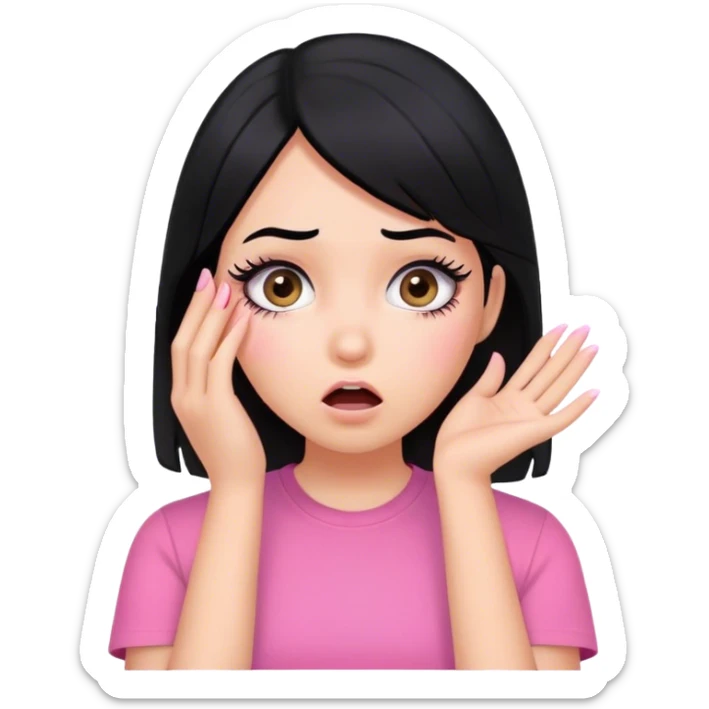 Face girl shocked with hand on face black hair pink shirt full of lashes sticker