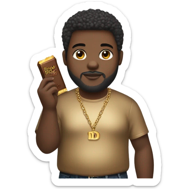 Fat African American with short hair & gold chain, holding a chocolate bar in a Dior shirt with a beard   sticker