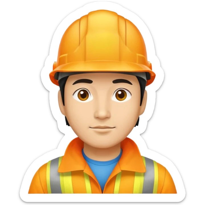 Man of Chinese appearance wearing an orange helmet with a yellow hat on top sticker