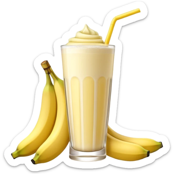 A 3D cartoon glass of banana shake, light yellow creamy texture, straw and banana slice garnish, glossy reflection, natural daylight, Memoji-style. sticker