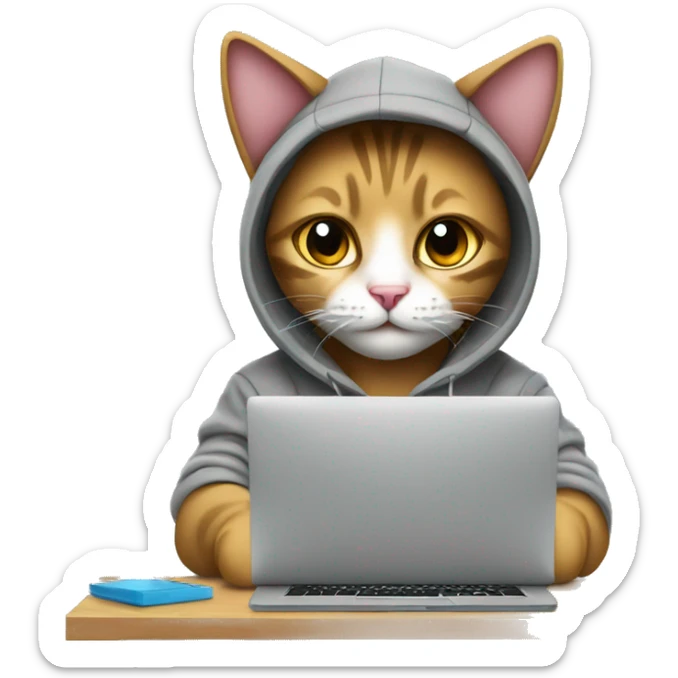 cat is a graphic designer in a hoodie and headphones, working at a computer in photoshop sticker