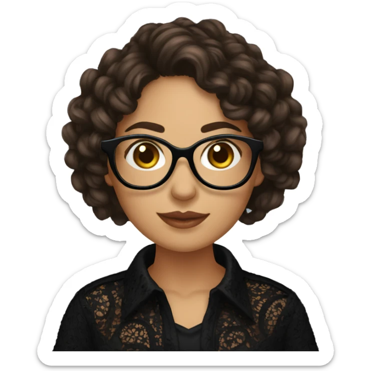 Hispanic woman with black glasses and long brown curly hair holding yarn wearing a black lace shirt sticker