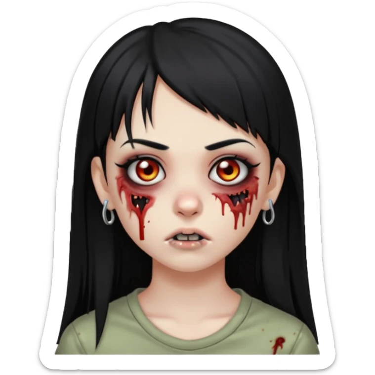 zoombi girl cabelo liso preto franja de lado cabelo partido de lado risquinho na sobrancelha e um piercing na sobrancelha um piercing no nariz cabelo longo sticker