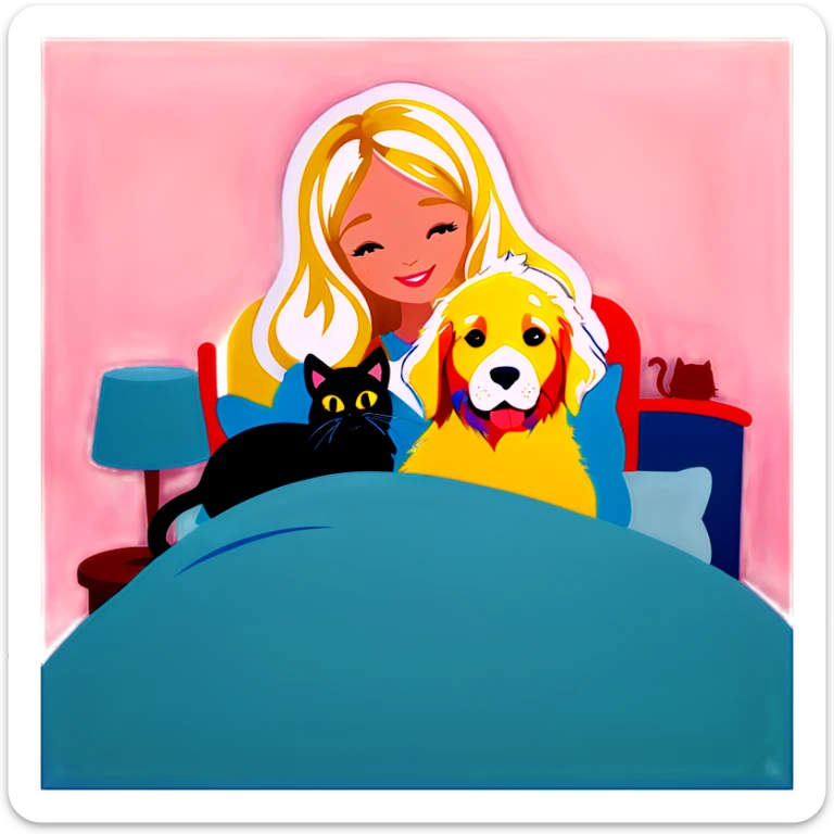 Blonde woman in bed with two cats and a golden retriever sticker