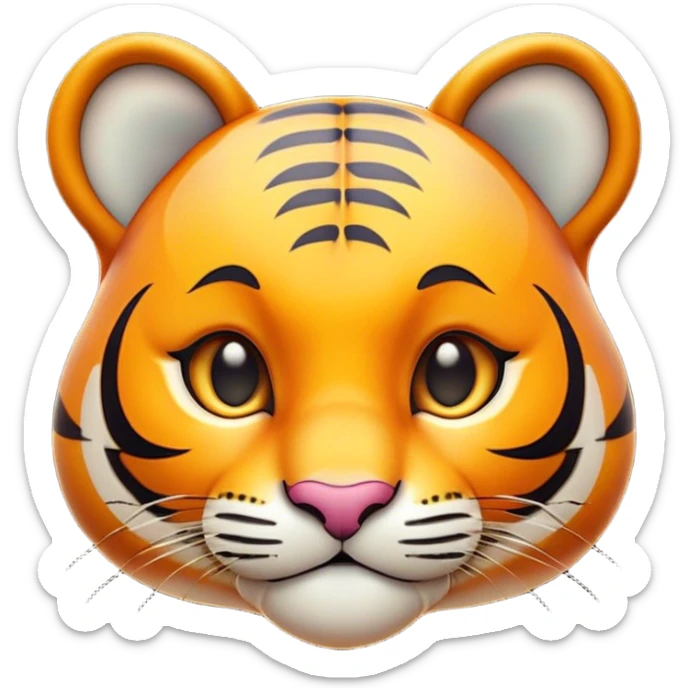 Cinematic Cute Tiger Portrait Emoji, Head tilted playfully and inquisitively, with a sleek, graceful form accented by vivid stripes and round, sparkling eyes filled with charm, Simplified yet irresistibly adorable features, highly detailed, glowing with a warm, inviting wild glow, high shine, affectionate and lively, stylized with a touch of whimsical feline grace, soft glowing outline, capturing the essence of a mischievous yet loving tiger that seems as if it could leap out of the screen into your arms! sticker