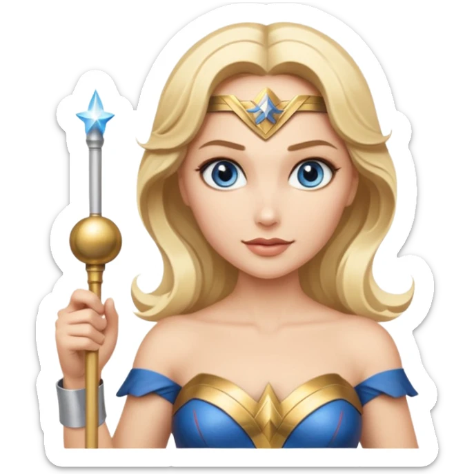 Blonde blue eyed Wonder Woman holding white orchestra conductor’s baton and bell sticker