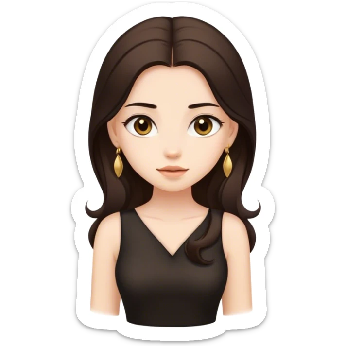 Beautiful woman,cute, long dark brown hair in dark dress with gold earrings sticker