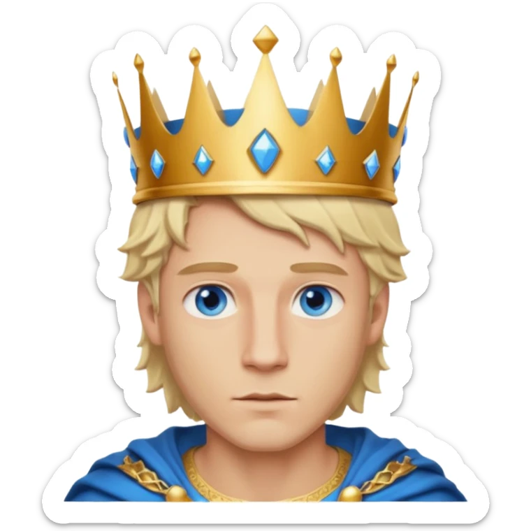 Man with blue eyes, blonde hair, and defined jawline wearing king crown sticker