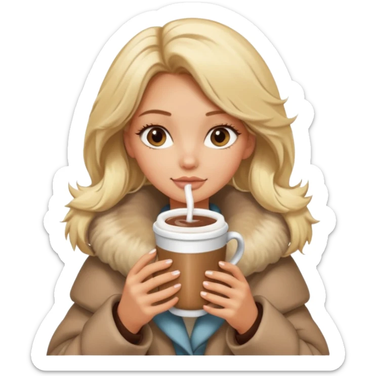 Tanned Girl with lashes , blonde hair, in an extremely big fluffy oversized coat and hold hot chocolate drink sticker