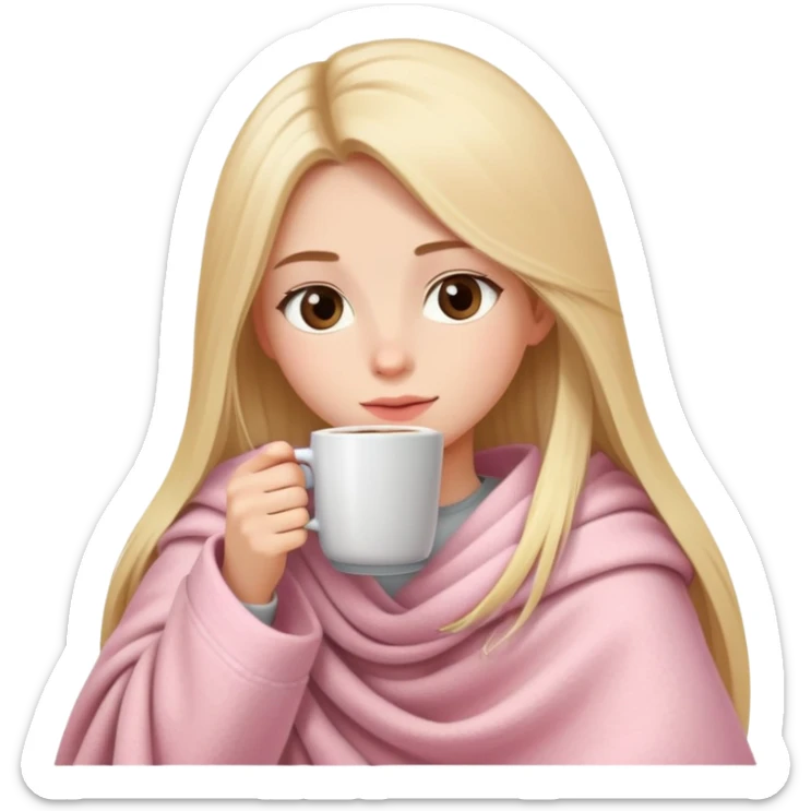 Long blonde straight hair girl drinking coffee, small brown almond eyes, with a soft pink cozy blanket sticker