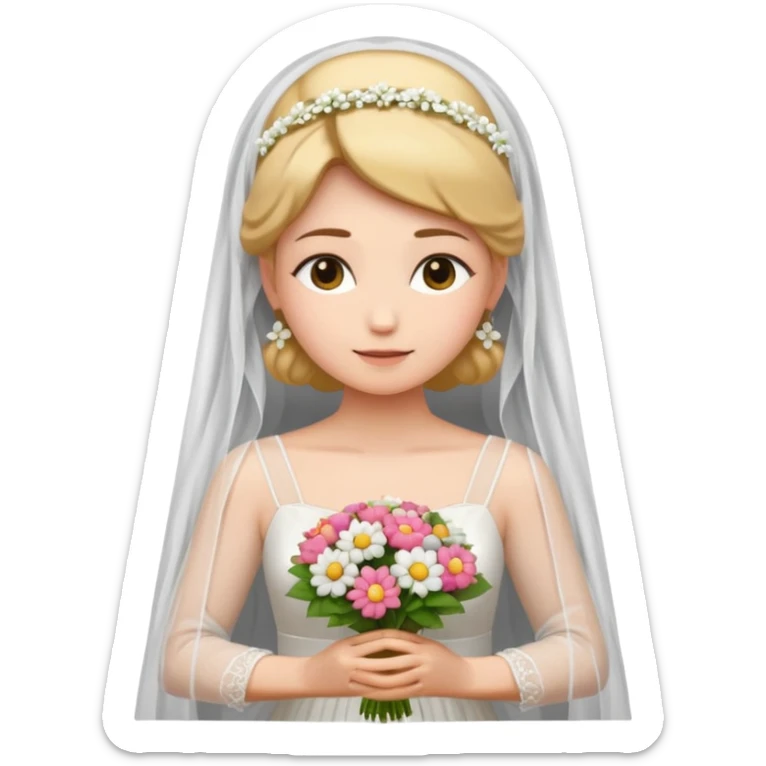 bride with veil and white dress in meditation pose, holding bouquet of flowers, emoji style sticker