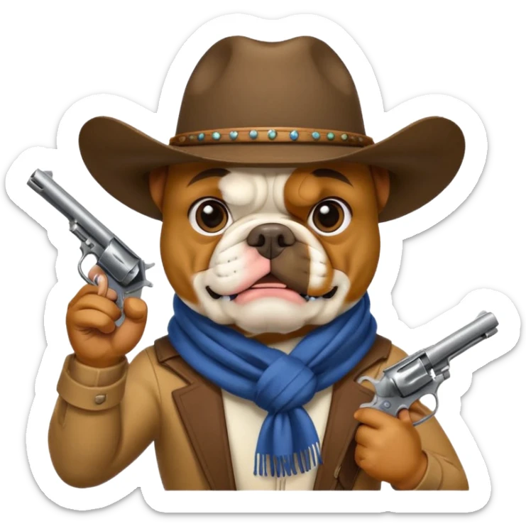 A bulldog wearing a cowboy hat, covering his face with a scarf so he wouldn't be recognized, pointing a revolver at you, telling you to hand over your money. sticker