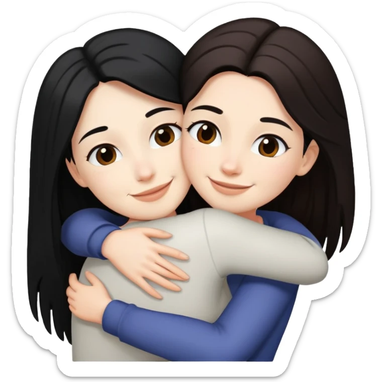 A lesbian couple with white skin and long black and brown hair hugging intimately sticker