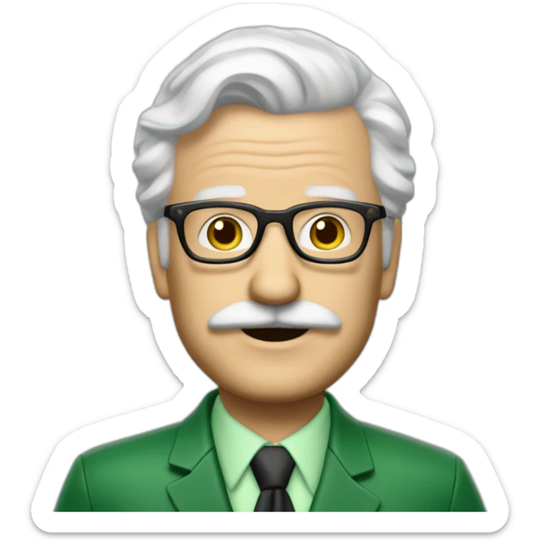 meester frank visser white hair, white mustache and glasses. Nice green suite sticker