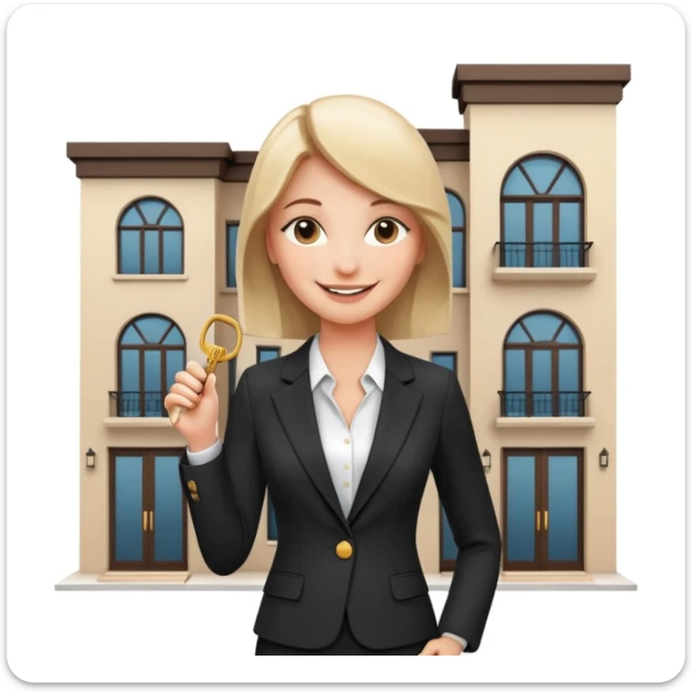 woman in elegant suit, holding keys, smiling, standing in front of a modern Dubai townhouse sticker