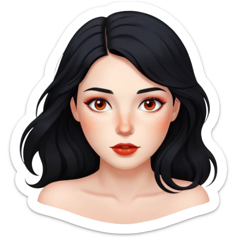 woman with flowing black hair, natural makeup, and prominent red freckles on face sticker