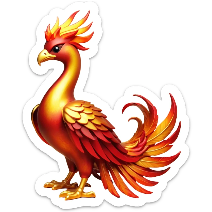 Cinematic Noble Mystical Fire Phoenix Portrait Emoji, Poised and resplendent, with a radiant, fiery plumage in brilliant hues of scarlet, gold, and ember, featuring elongated, elegant tail feathers that flow like molten lava, and piercing, wise eyes reflecting the eternal cycle of rebirth; rendered with lifelike texture and luminous natural highlights, high shine, majestic and awe-inspiring, styled with an aura of mythic resurgence, focused and regal, soft glowing outline, capturing the essence of a legendary phoenix rising from the flames with timeless grace! sticker