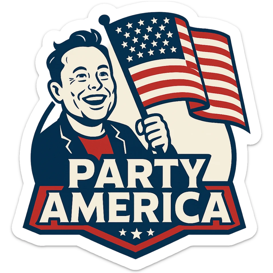 bold emblem for 'Party America' with a cartoonish creature resembling Elon Musk, holding a flag, and the words 'Party America' in a prominent, modern font, using US flag colors sticker