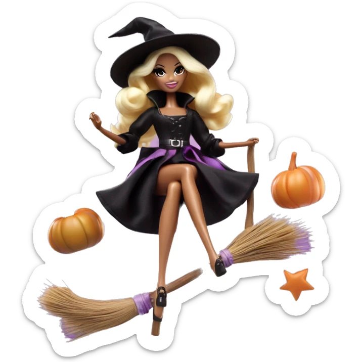 photogenic silkstone Barbie witches enchanted TV series floating gently on broomsticks sticker