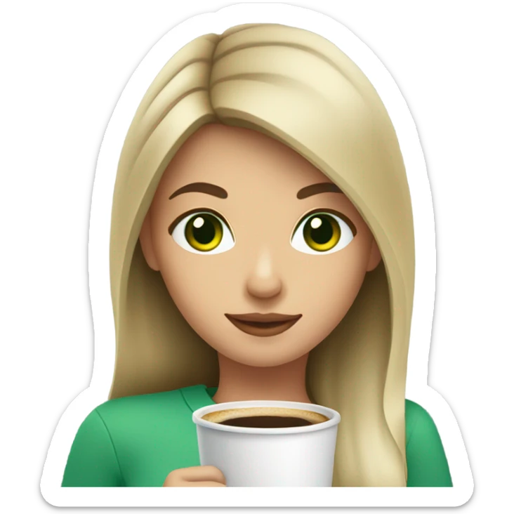 Girl with darkblonde hair, green eyes and a coffee cu sticker