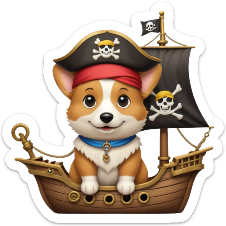 cartoon pirate corgi standing on a pirate ship, playful and adventurous, vibrant colors sticker