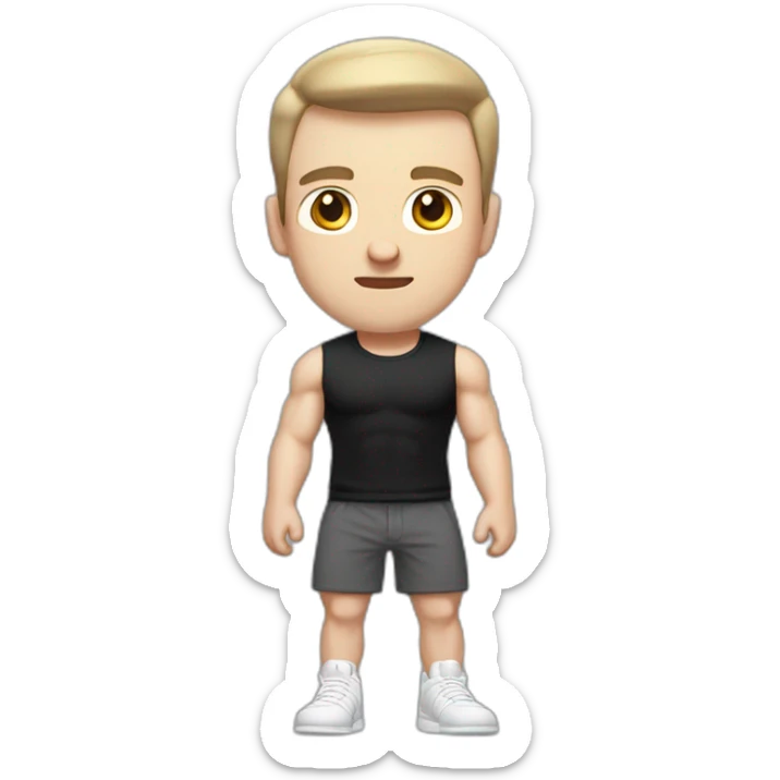 Confused Pale skinned Fit Man With the biceps and dark brown hair in black shirt, gray sports shorts and white Sneakers sticker