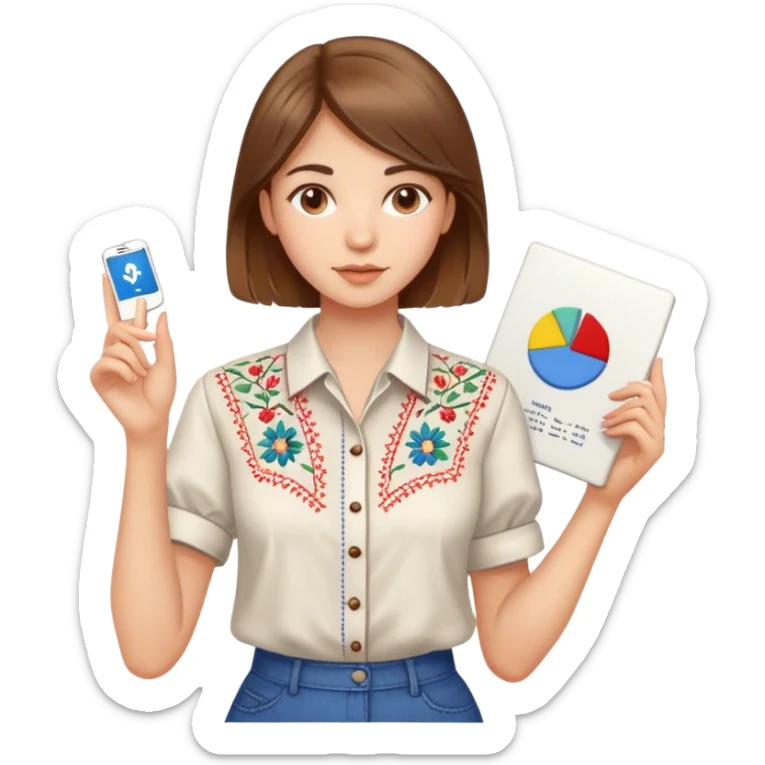 A Ukrainian girl with brown hair in an embroidered shirt holds a diagram in her hand sticker