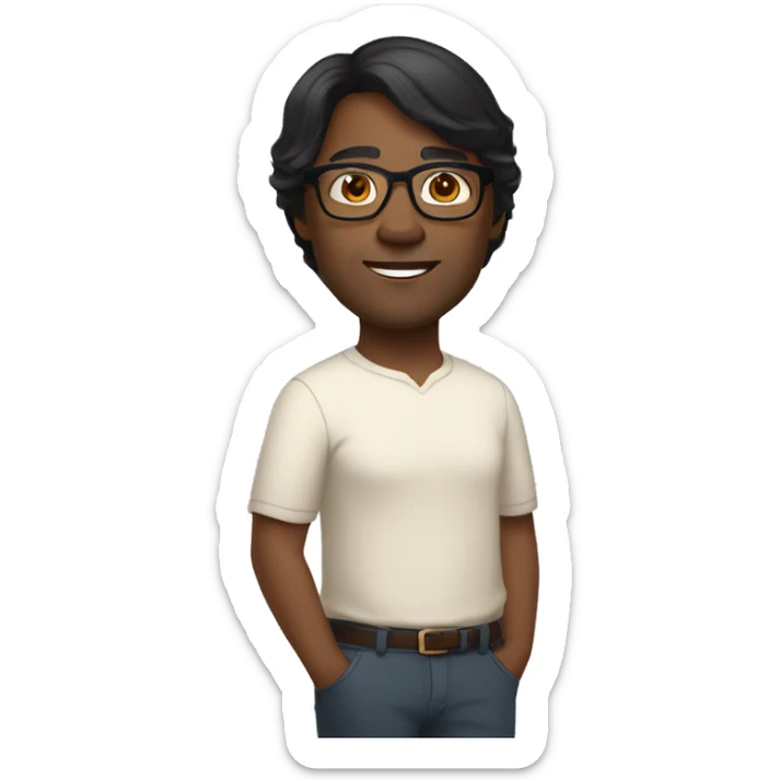 45-year-old dark-skinned person, straight black hair, side-swept hairstyle, light brown skin, oval face, wears glasses, brown eyes, sticker