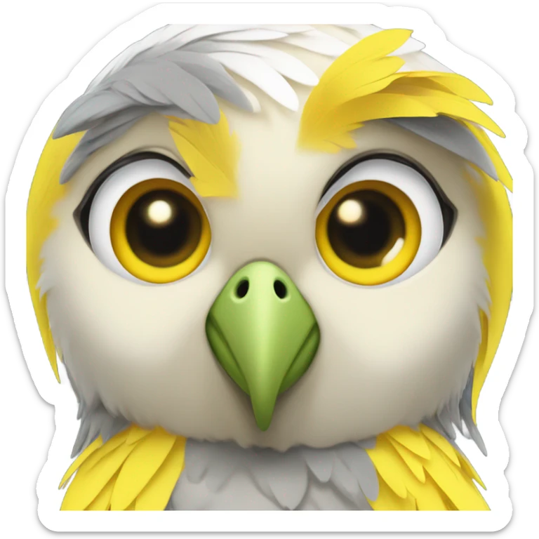 A cockatiel’s head with a yellow and gray , depicted as a girl in a cute, cartoon toy-like manner, smiling sweetly. sticker