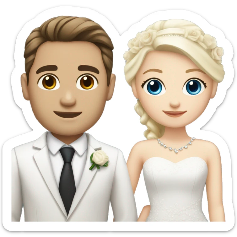 Wedding couple, groom fair skin with dark brown hair and dark brown eyes, bright with white skin blonde hair and blue eyes sticker