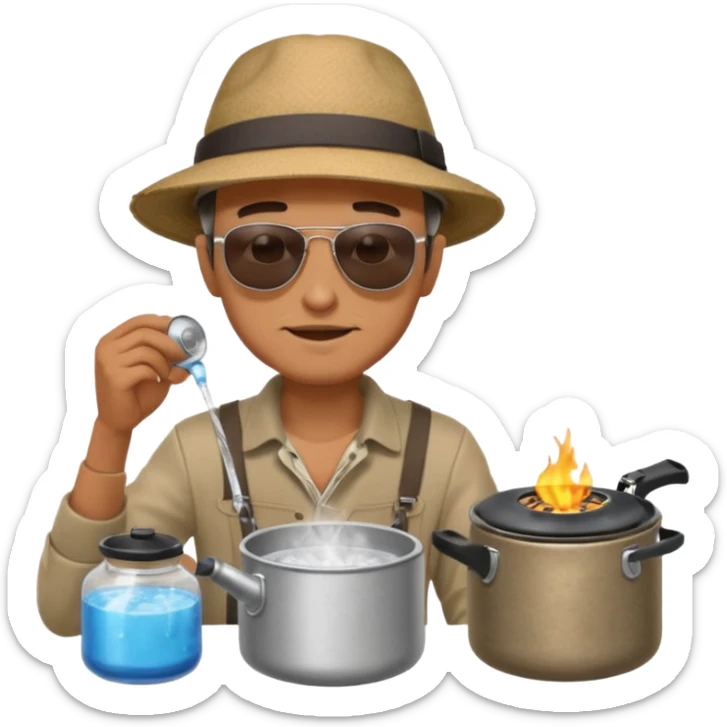 A man camper boiling water on a portable stove, enjoying the outdoor sticker