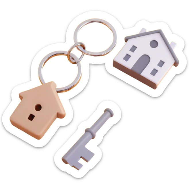 keychain with a beige sand-gray key and a white house-shaped key fob, 3D Emoji style, soft shadows and highlights, transparent background, no decoration, close-up view sticker