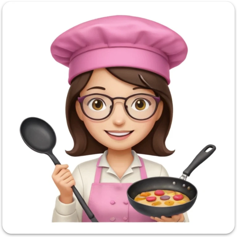 brunette girl with glasses and a pink kitchen hat cooking, holding a frying pan, emoji style sticker