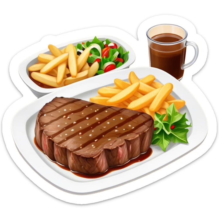 big juicy australian steak meal featuring chips, small salad in a ramiken and gravy  sticker
