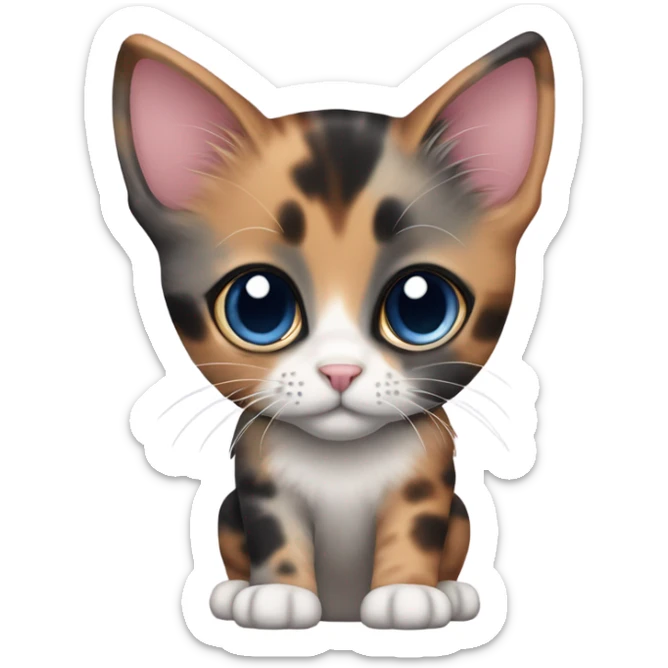 Cute, dusty rose, dark grey and white tortoiseshell kitten. Full view of cat. Deep blue eyes and pink nose sticker