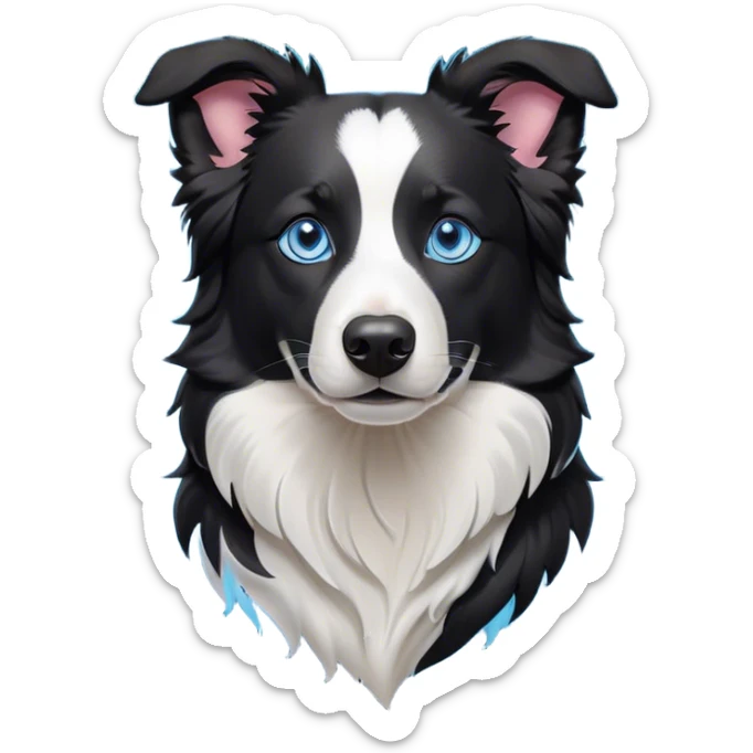 Cinematic Noble Border Collie Portrait Emoji, Poised and regal, with a lean, athletic build and a sleek, well-groomed black and white coat, piercing blue eyes, Simplified yet sharp and sophisticated features, highly detailed, glowing with a soft, dignified glow, high shine, intelligent and agile, stylized with an air of precision, focused and attentive, soft glowing outline, capturing the essence of a watchful and determined herder, so majestic it feels as though it could sprint out of the screen with effortless authority! sticker