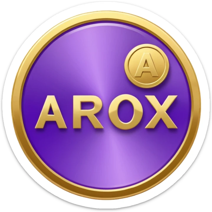 A purple coin spinning in the air. On the front side of the coin, the word 'Arox' is written in large, modern, and shiny letters. Just below 'Arox', in smaller size and simple font, it says 'WEB | SCRIPT | SITE'. The background is dark, with cinematic lighting highlighting the coin’s shine. sticker
