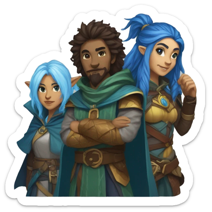 A dungeons and dragons team consisting of a human rogue,a blue Druid firbolg, a lion paladin and a female elf wizard sticker